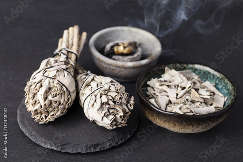 Bild auf Leinwand Incense of Salvia Apiana (White sage, sacred sage, bee sage, california sage)