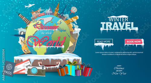 Winter travel. Travel to World. Vacation. Road trip. Tourism. Open suitcase with landmarks. Journey. Travelling illustration. Merry Christmas banners in flat style. EPS 10. Colorful.