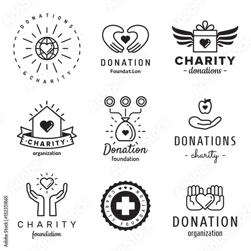 Donations and charity logo vintage hipster vector set.