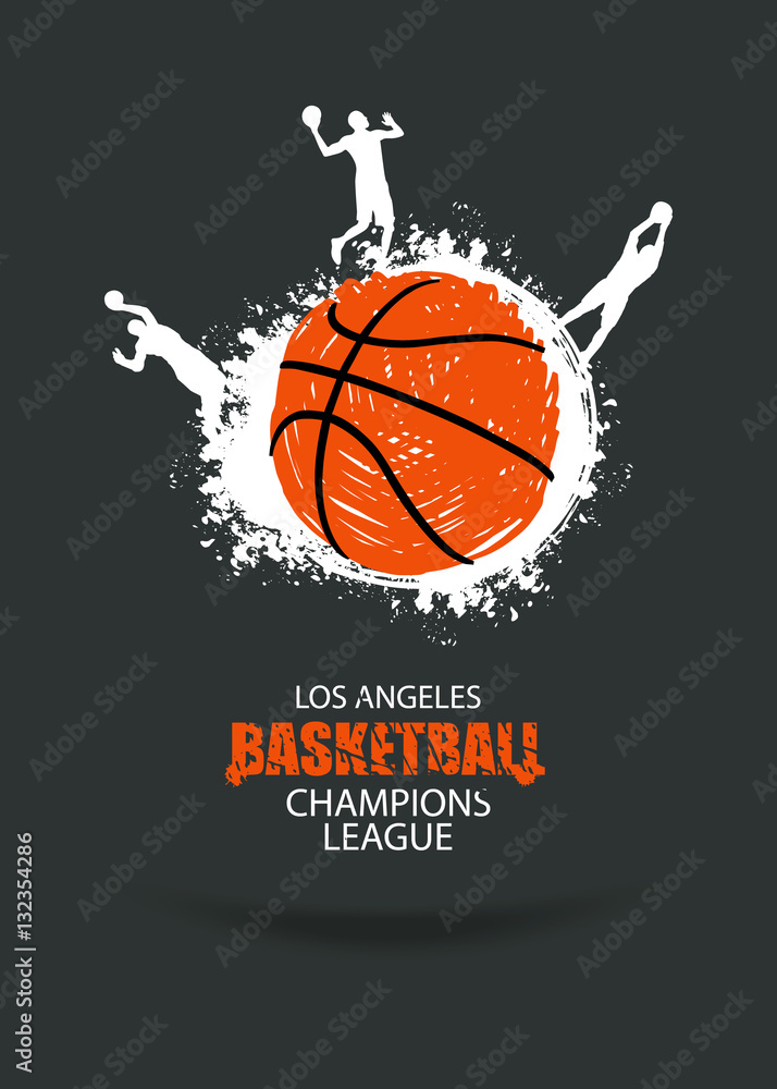Design for the basketball championship. Banner, flyer template sports. Grunge ball. Players in basketball. Abstract background. EPS file is layered.