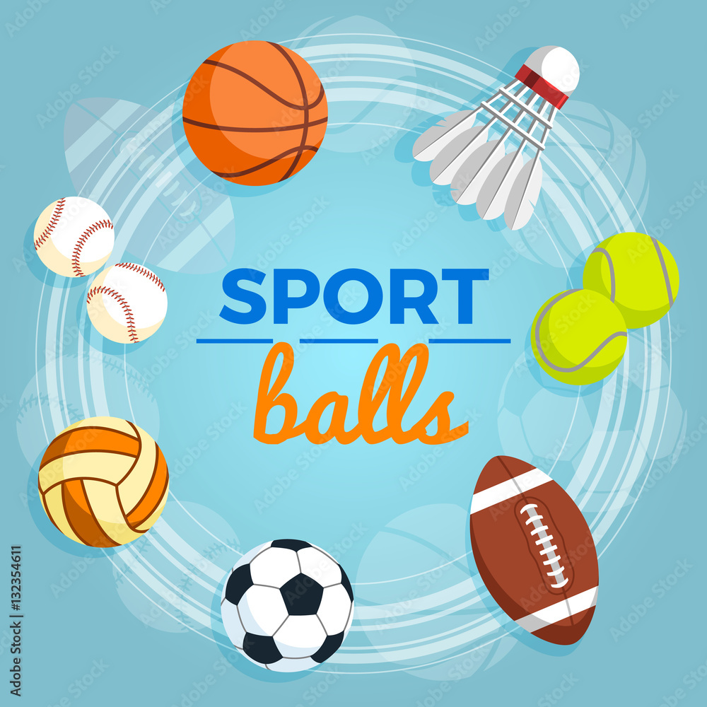 Set of colorful sport balls at a blue background. Balls for rugby, volleyball, basketball, football, baseball, tennis and badminton shuttlecock. Vector Illustration.