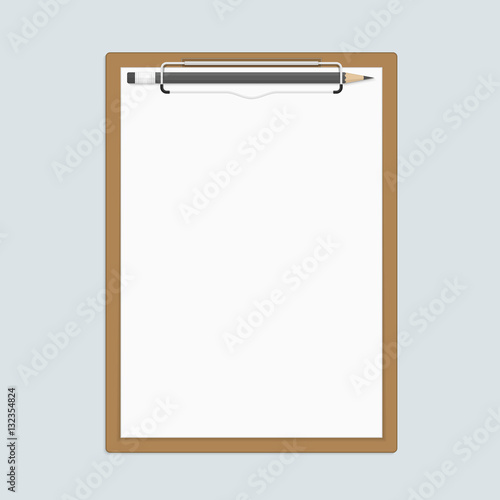 Realistic clipboard with paper and pencils.