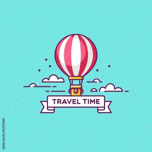 Time to travel. Air balloon in the sky with clouds. Vector illustration.
