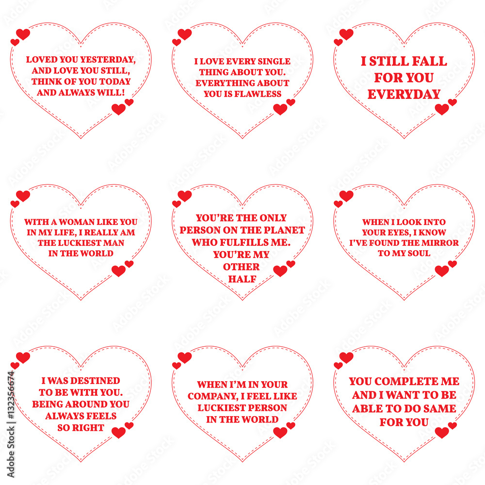 Set of love wishes quotes over white background. Simple heart sh