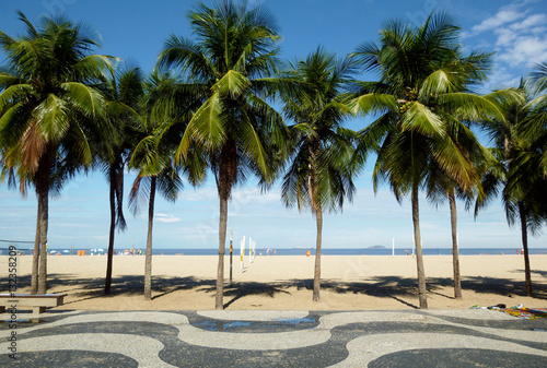 Copacabana beach with palm trees and wavy sidewalk