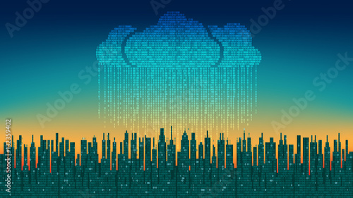 The city online. Abstract futuristic digital city, binary rain, cloud connected, high-tech background
