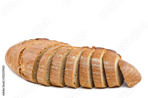 Loaf of sliced bread on white background.