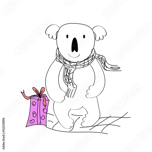 Canvas Print Vector drawn koala with a gift. Illustration for a card.