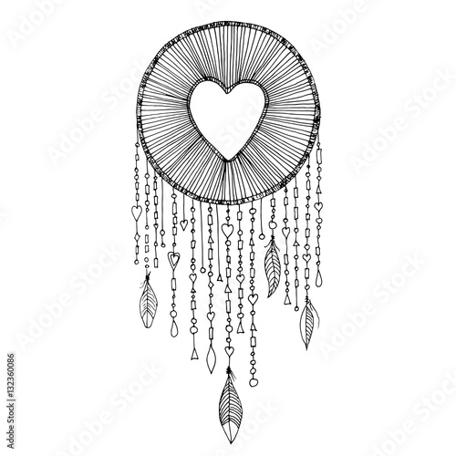 Vector dream catcher with heart shape illustration. Native American ancient symbol dreamcatcher, sketch in ink outlines