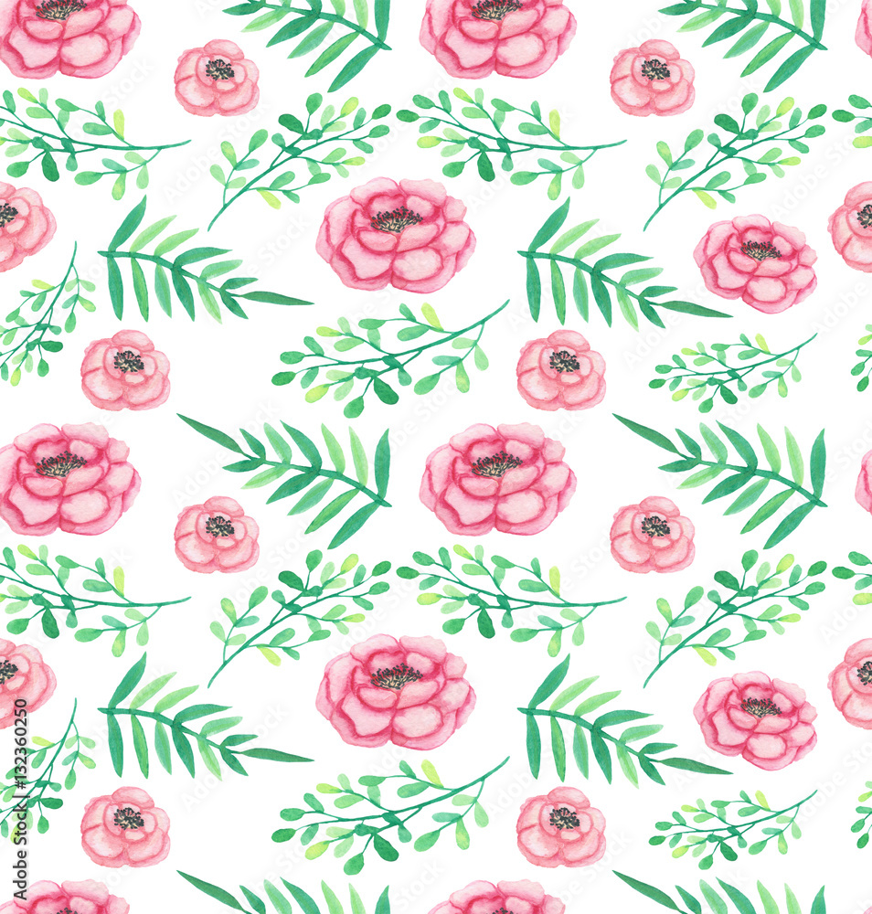 Watercolor Roses And Green Leaves Seamless Pattern