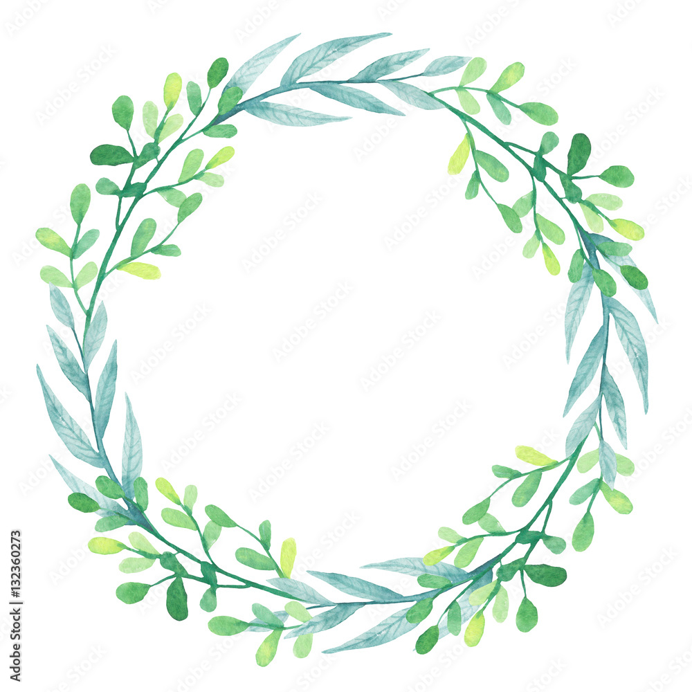 Wreath With Watercolor Green and Blue Leaves