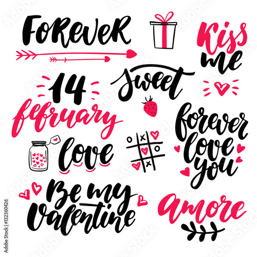 Valentine s Day lettering vector set. Isolated handwriting calli
