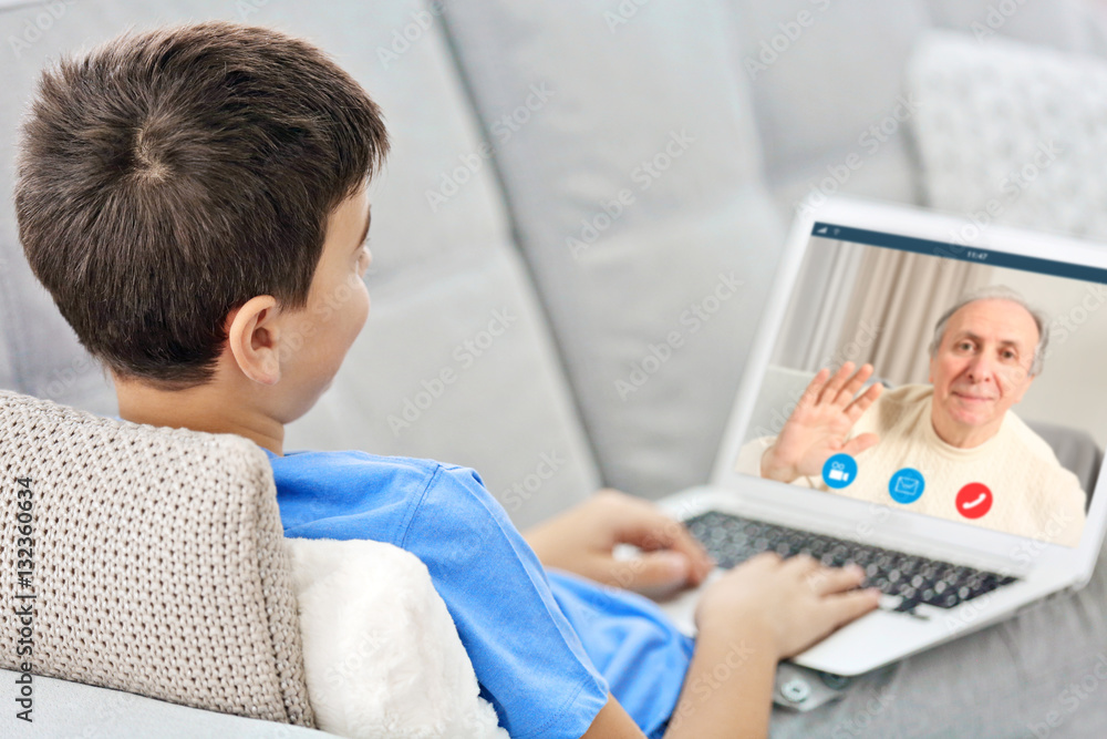 Obraz premium Video call and chat concept. Boy video conferencing on laptop