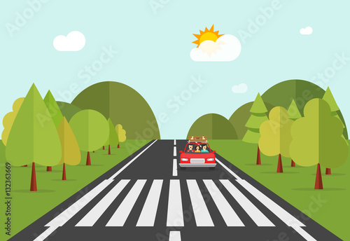 Crosswalk path on road with car, automobile stopped before pedestrian crossing perspective view vector illustration, crossover on forest nature landscape on white background