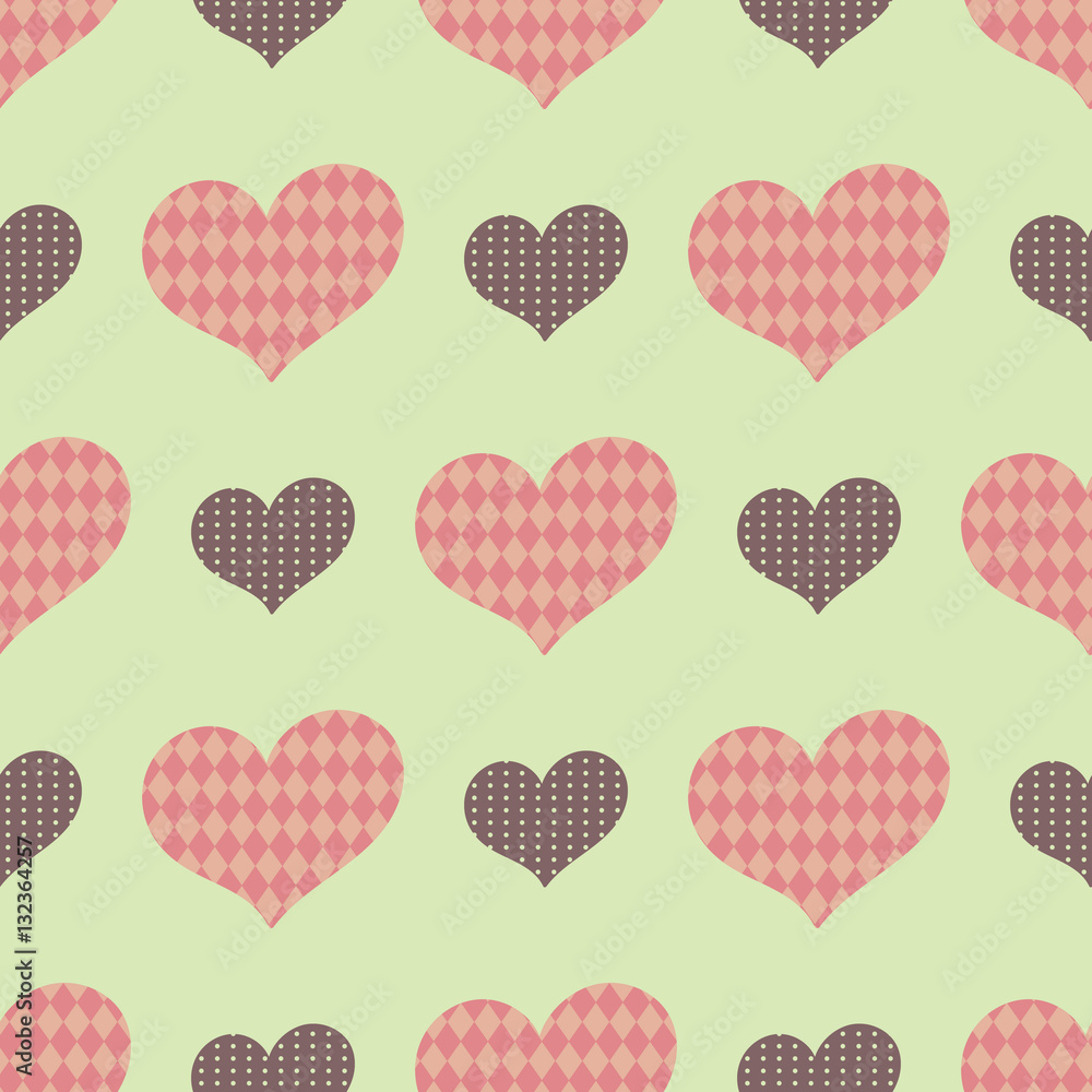 A seamless pattern with big and small hearts with patterns inside

