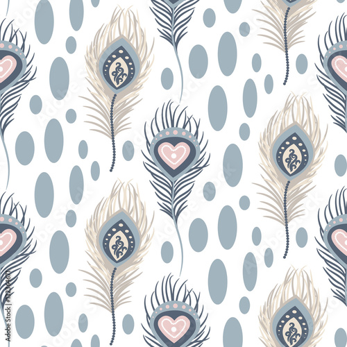 Peacock feathers blue and green seamless vector pattern. Peafowl tileable print for textile or wrap paper.