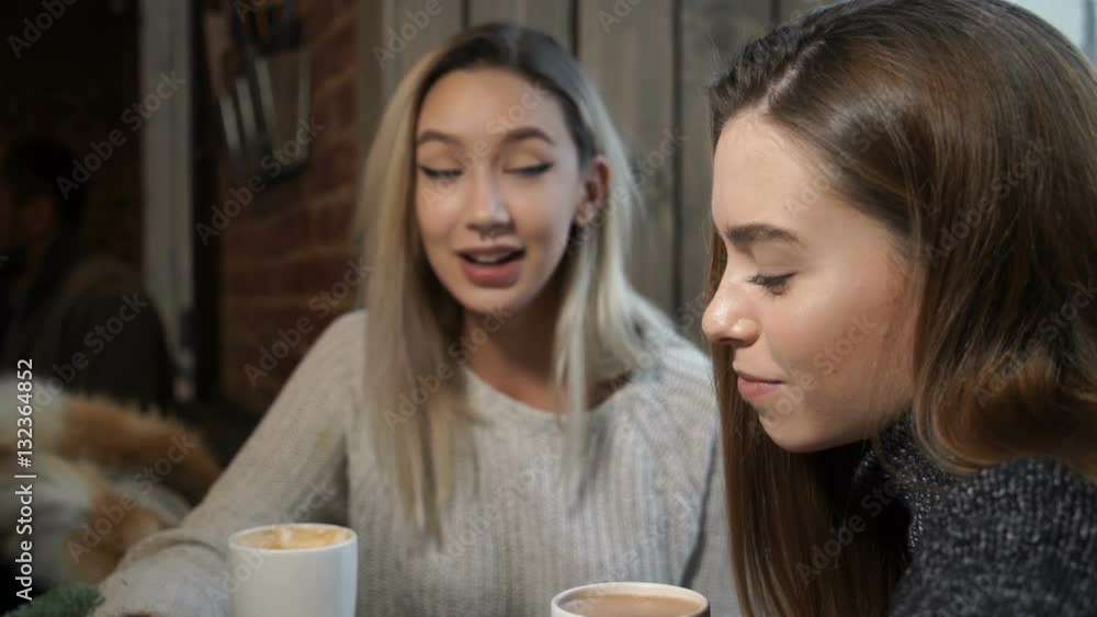 Two friends communicate with in cafe Two friends communicate with in cafe