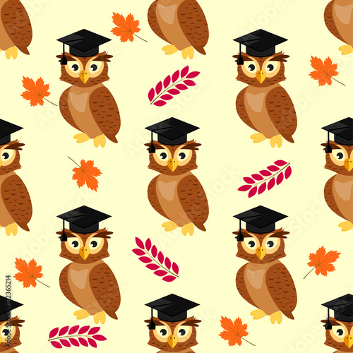 Owls with graduation caps seamless pattern, background