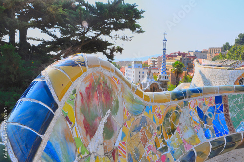 Part of mosaic bench in Park Guell Barcelona Spain.