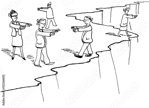 Business illustration showing blindfolded workers walking blindly along the side of a cliff.