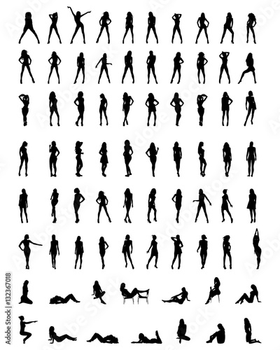 Black silhouettes of beautiful girls in various poses, vector