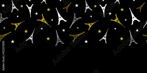 Vector Gold White Eifel Tower Paris Horizontal Seamless Pattern Border With Stars At Night. Perfect for travel themed postcards, greeting cards, wedding invitations.