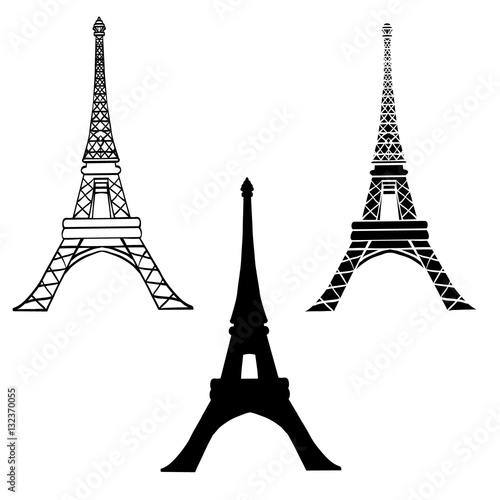 Vector Set Of 3 Black Eiffel Towers in Paris Silhouette In Different Styles. Paris. French Landmark On White Background.