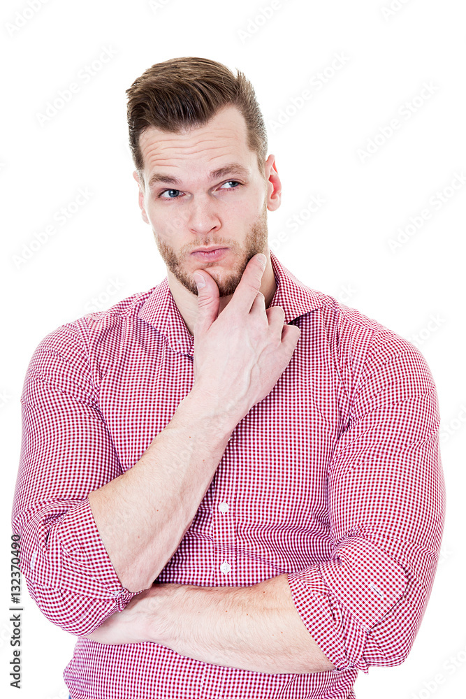 Young man thinking about something pleasant on white background. Young man thinking about something pleasant on white background.