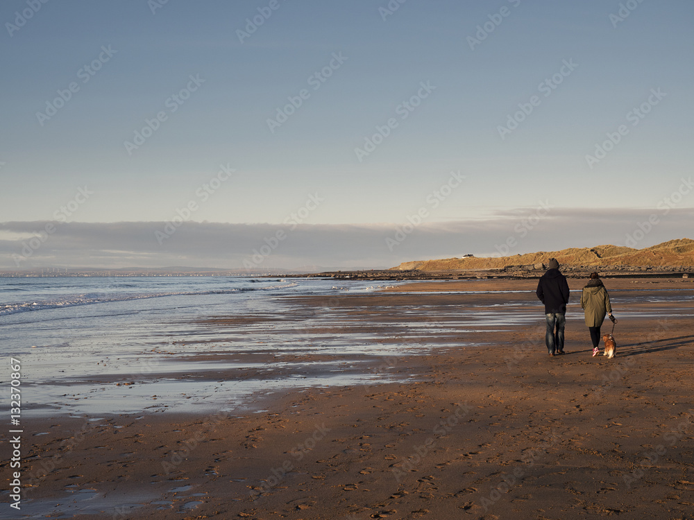 Couple walking a dog on a beach.