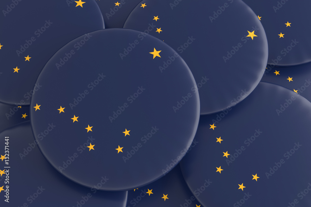 Naklejka premium US State Buttons: Pile of Alaska Flag Badges, 3d illustration