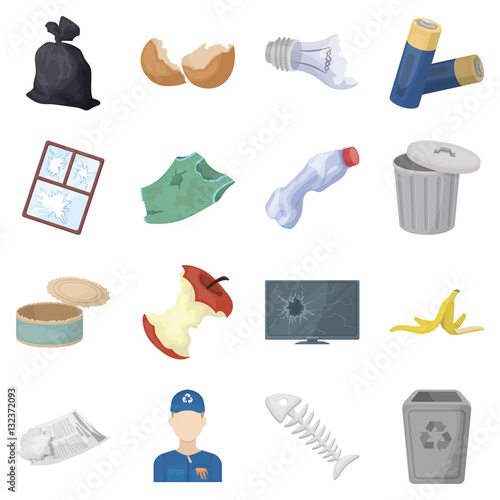 Trash and garbage set icons in cartoon style. Big collection of trash and garbage vector symbol stock illustration