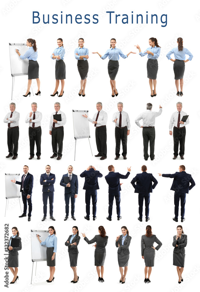 Collage of business people on white background. Text BUSINESS TRAINING
