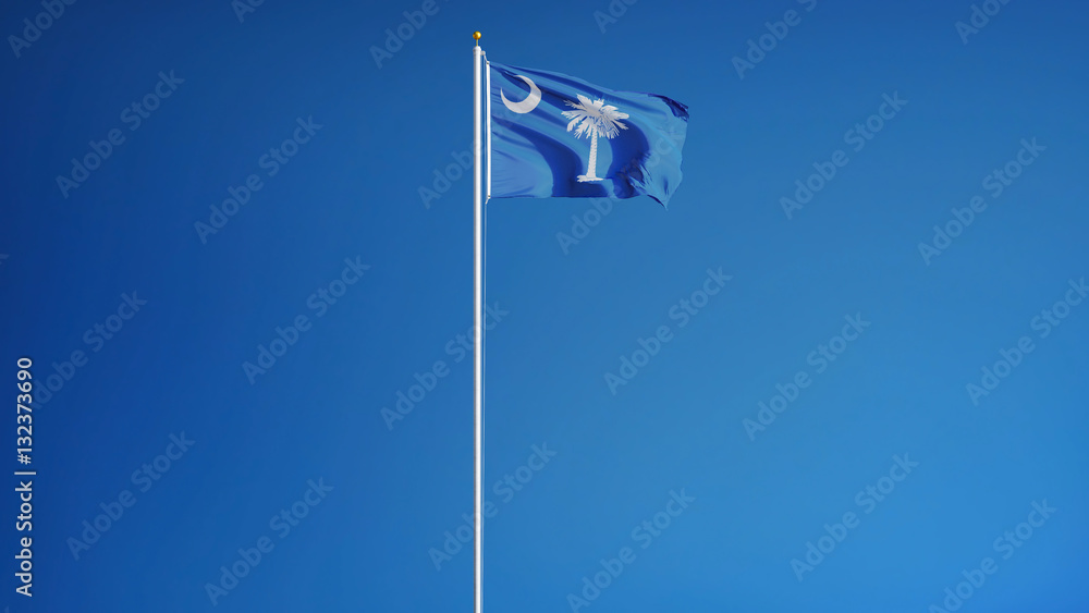 South Carolina (U.S. state) flag waving against clear blue sky, long shot, isolated with clipping path mask alpha channel transparency, perfect for film, news, composition