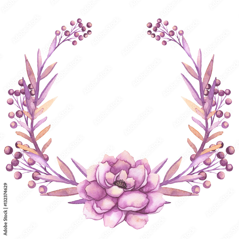 Wreath With Watercolor Berries And Pink Peony
