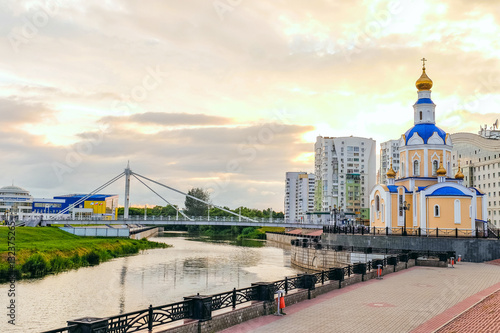 Belgorod cityscape. Embankment river Vezelka with a view of the temple Archangel Gabriel.
