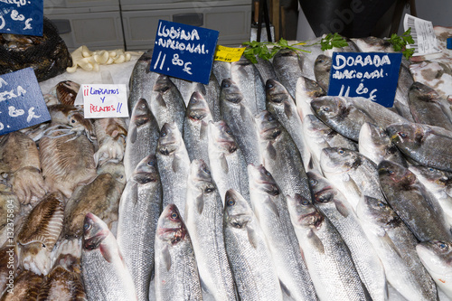Fresh seafood variety for sale at fish market, Palma, Mallorca