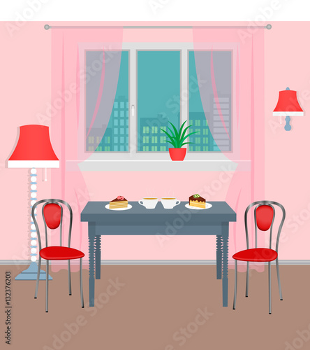Dinner room interior with coffee and dessert on the table and cityscape outside the window.