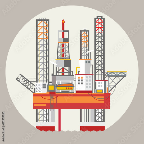 Drilling rig at sea. Oil platform, gas fuel, industry offshore, drill technology, flat vector illustration. Ecology Concept .
