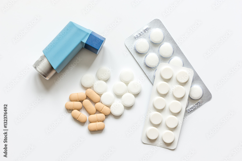 concept asthma and treatment on white background top view concept asthma and treatment on white background top view