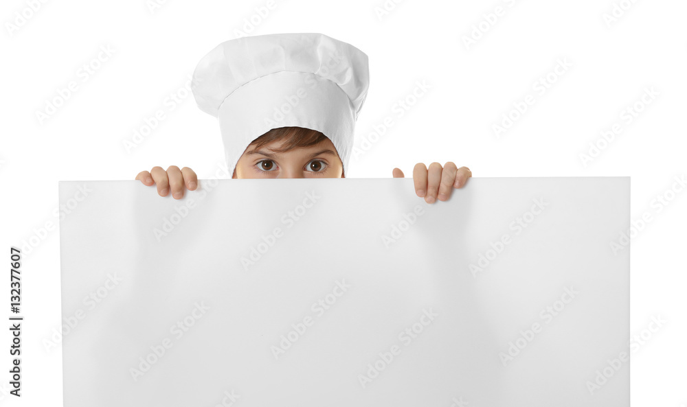 Cute boy in chef uniform with poster on white background Cute boy in chef uniform with poster on white background