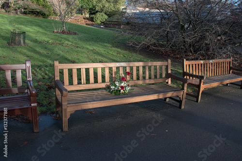 Park benches with flowers 