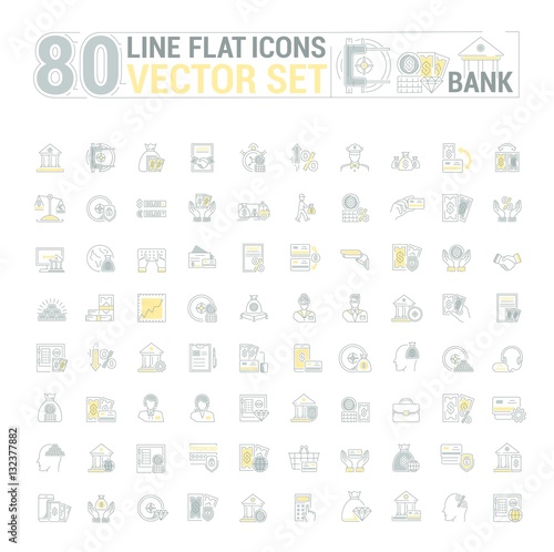 Vector graphic set. Icons in flat, contour, thin and linear design.Bank building.Economy, currency, and commerce.Protection of bank vault. Euro, dollar and gold.Concept sign, symbol for Web site, app.