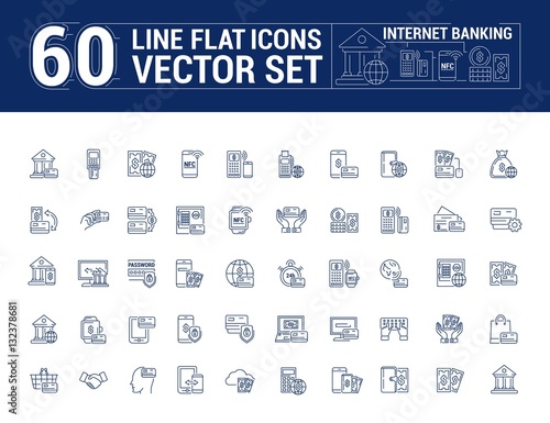 Vector graphic set. Icons in flat, contour, thin and linear design. Internet banking. Modern technology.Simple icon on white background.Concept illustration for Web site, app. Sign, symbol, emblem.