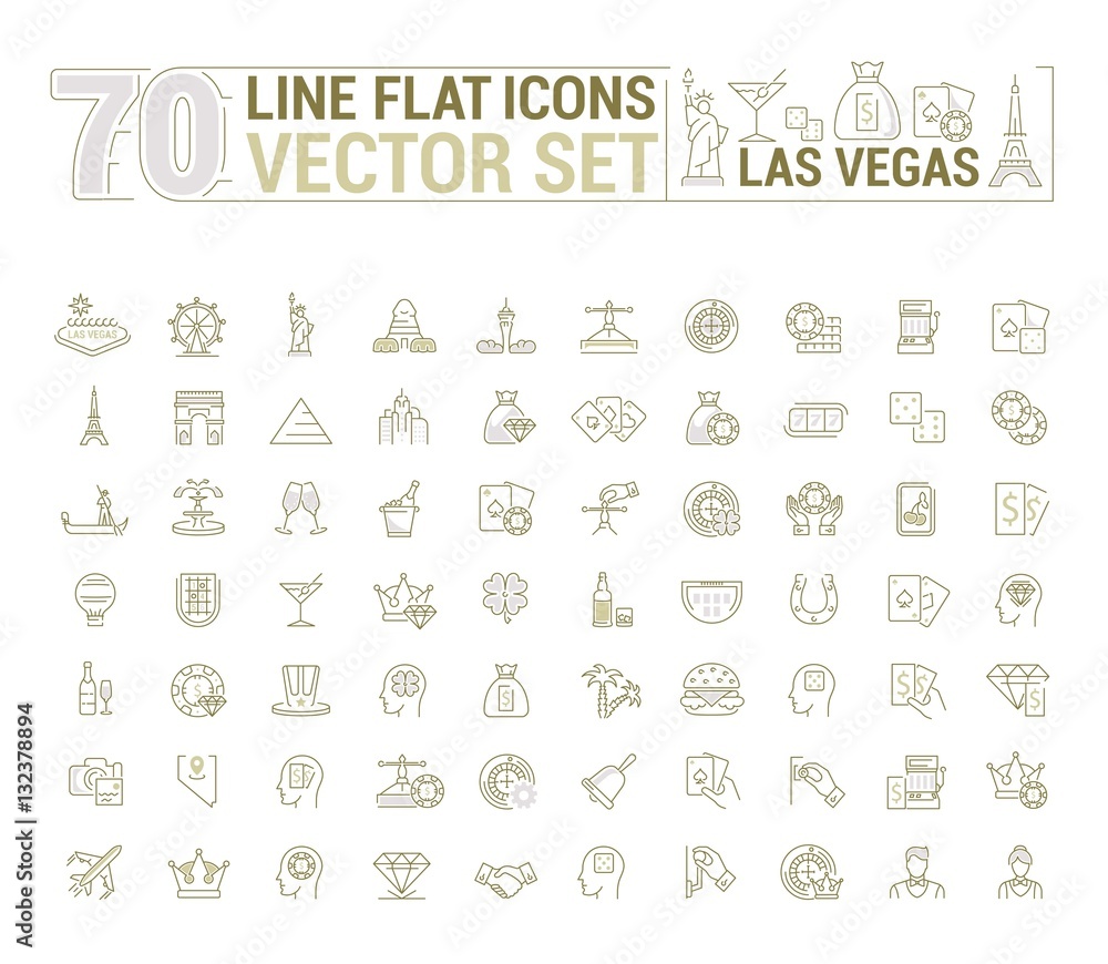 Obraz premium Vector graphic set of icons in flat, contour, thin and linear design. Las Vegas. Slot machine, casino, poker. Gambling. Concept infographics for entertainment city for Web site and app.