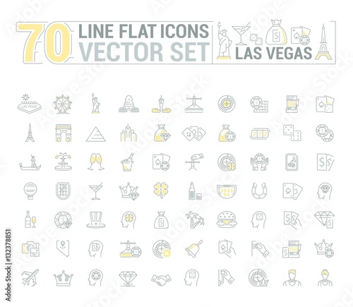 Vector graphic set of icons in flat, contour, thin and linear design. Las Vegas. Slot machine, casino, poker. Gambling. Concept infographics for entertainment city for Web site and app.