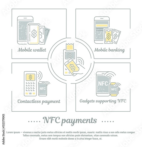 Vector graphic set. Icons in flat, contour, thin and linear design.NFC payment system. Simple icon on white background.Concept illustration for Web site, app. Sign, symbol, emblem.