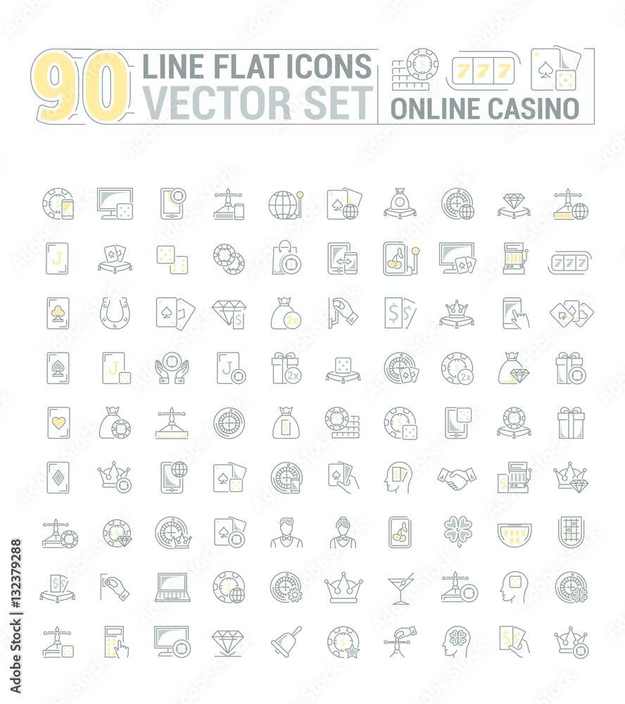 Vector graphic set of icons in flat, contour, and linear design. Internet slot machine. Online casino, gambling and poker.Virtual card game. Paid entertainment. Concept illustration for Web site, app.