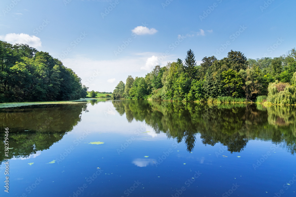 Summer rural landscape. Trees and sky reflected on the surface o Summer rural landscape. Trees and sky reflected on the surface o