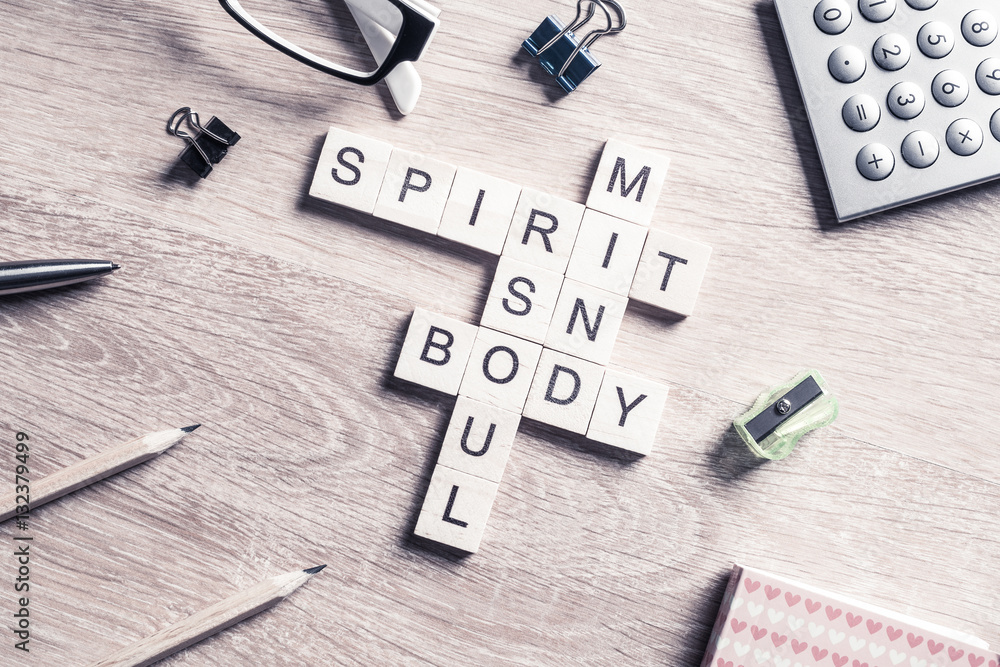 Spirit soul mind and body words made of wooden cubes Spirit soul mind and body words made of wooden cubes