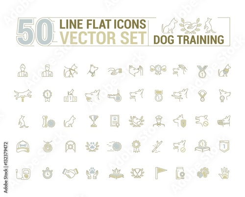 Vector graphic set. Icons in flat, contour, thin and linear design.Process of dog training. Simple icon on white background.Concept illustration for Web site, app. Sign, symbol, emblem.
